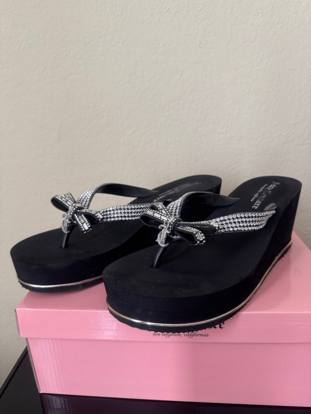 Juicy Couture Black Platform Wedge Flip Flops with Rhinestone Bows